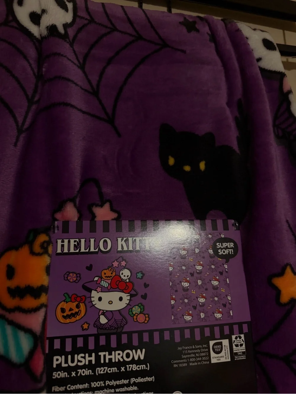 Hello Kitty Purple Halloween Plush Throw with Candy Corn & Spiders